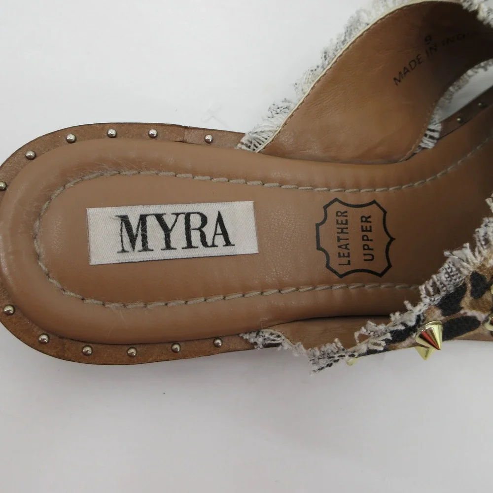 Myra Womens Leopard Print Studded Crisscross Slide Sandals Flat Brown Size 9